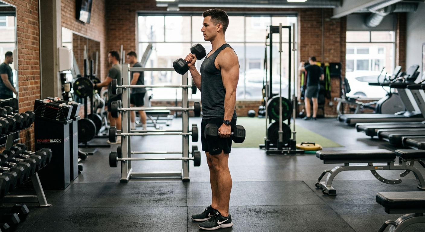 Man voert hammer curls uit met halters in neutrale greep, staande in een sportschool met natuurlijk licht.