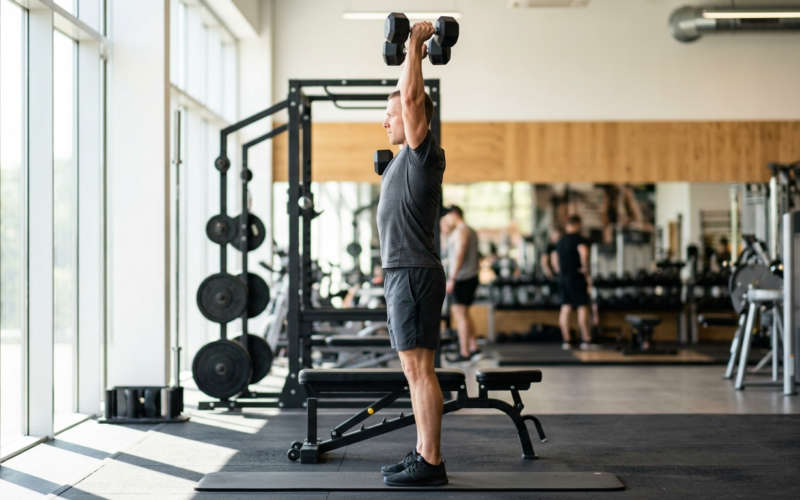 Persoon voert arnold press uit met halters in gymsetting, polsen roterend tijdens de beweging omhoog.