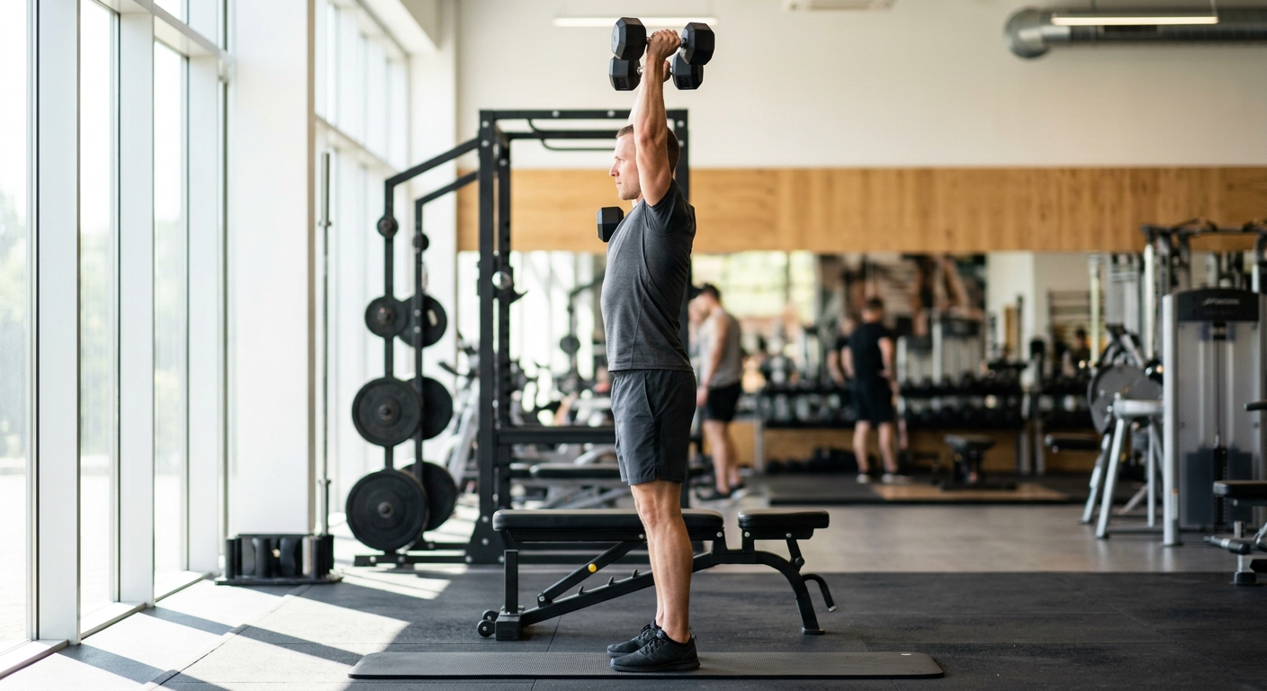 Persoon voert arnold press uit met halters in gymsetting, polsen roterend tijdens de beweging omhoog.