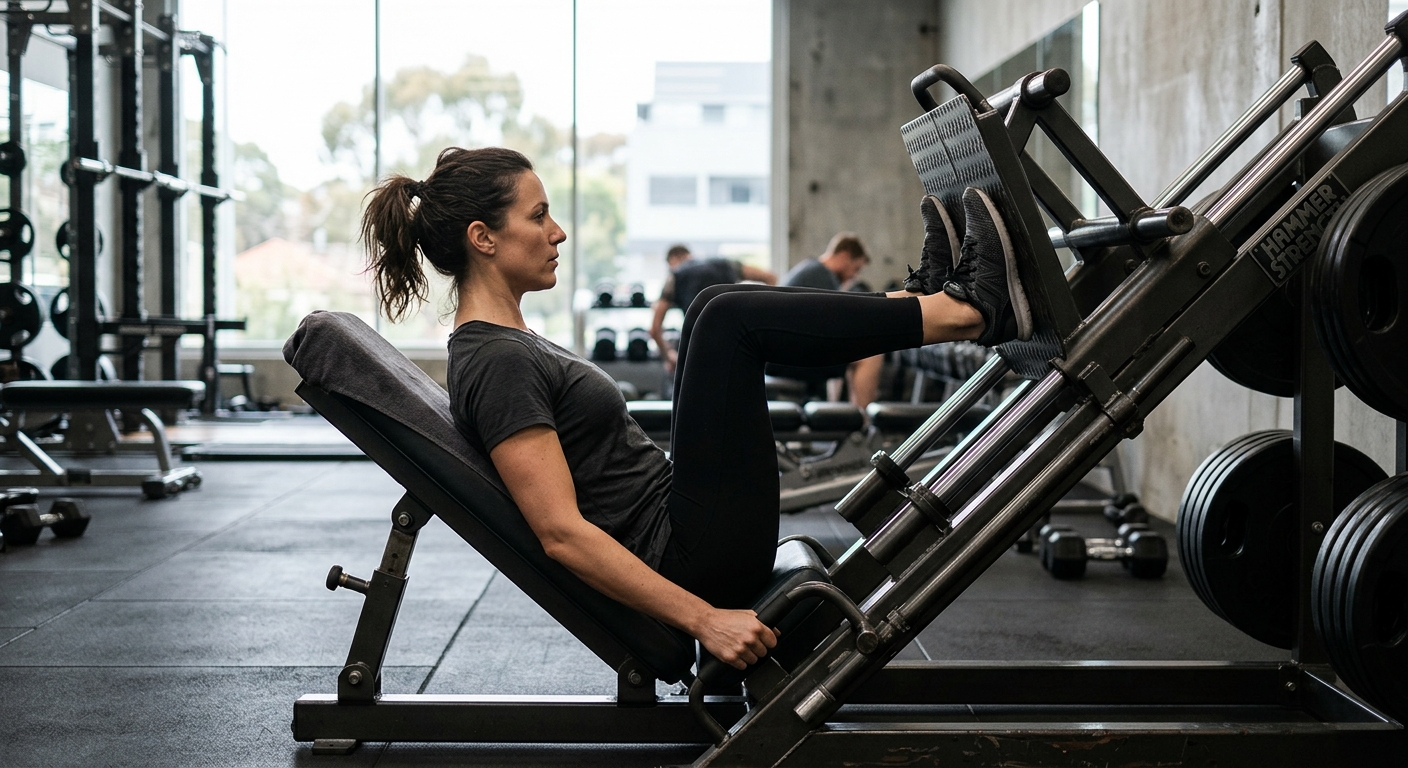 Persoon op leg press machine in correcte startpositie met rug stevig tegen het kussen, voeten op het platform.