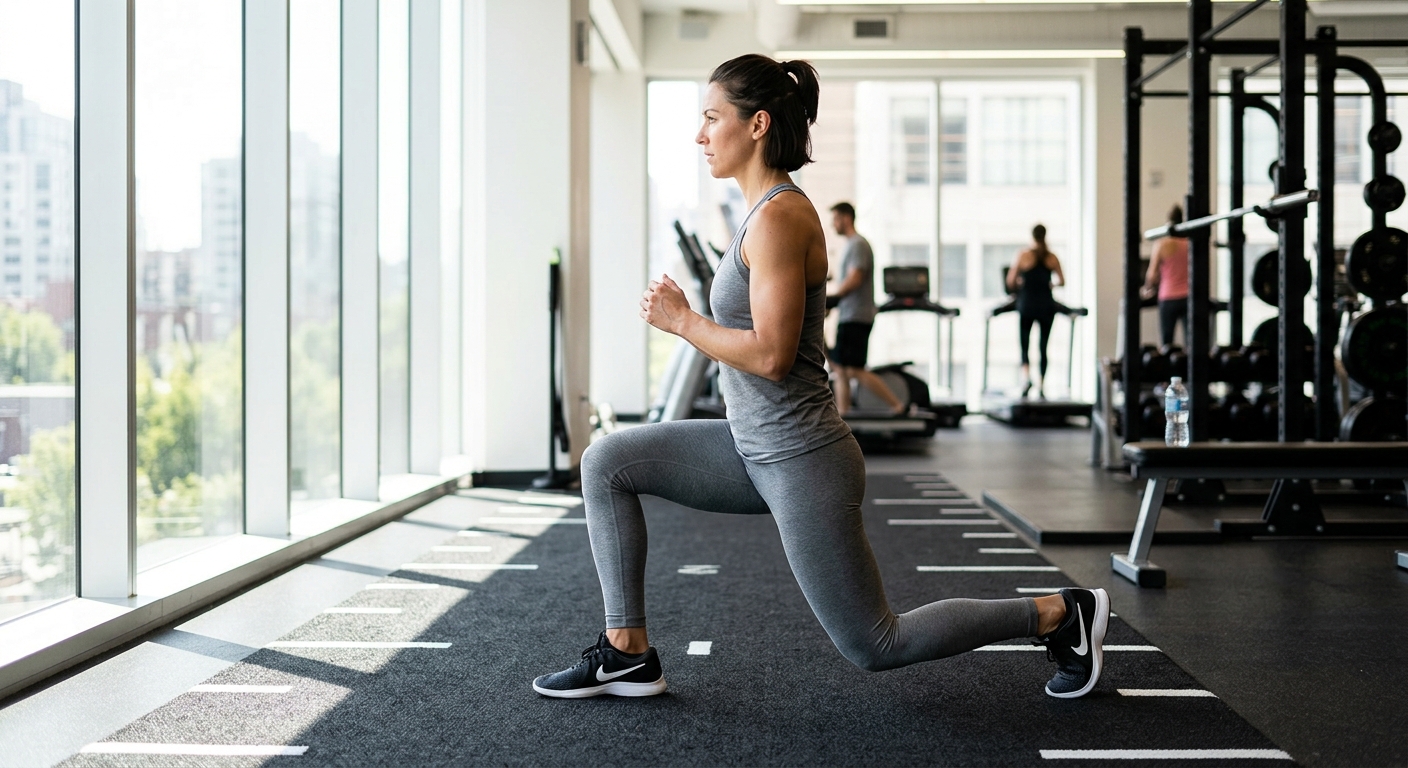 Een persoon voert walking lunges uit in een gymruimte, met één been naar voren en de andere knie licht gebogen.