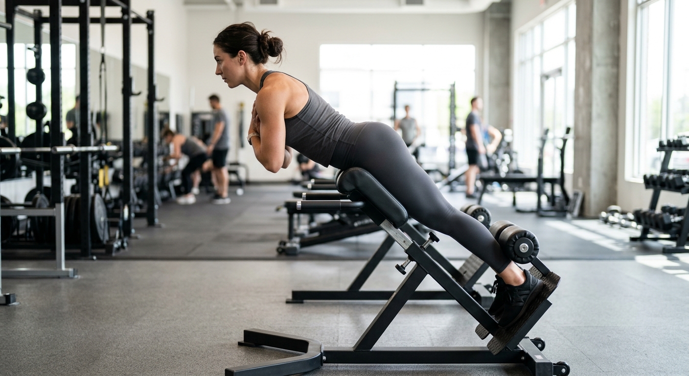 Persoon voert back extension uit op hyper extension bank met focus op juiste heupplaatsing en rugextensie.