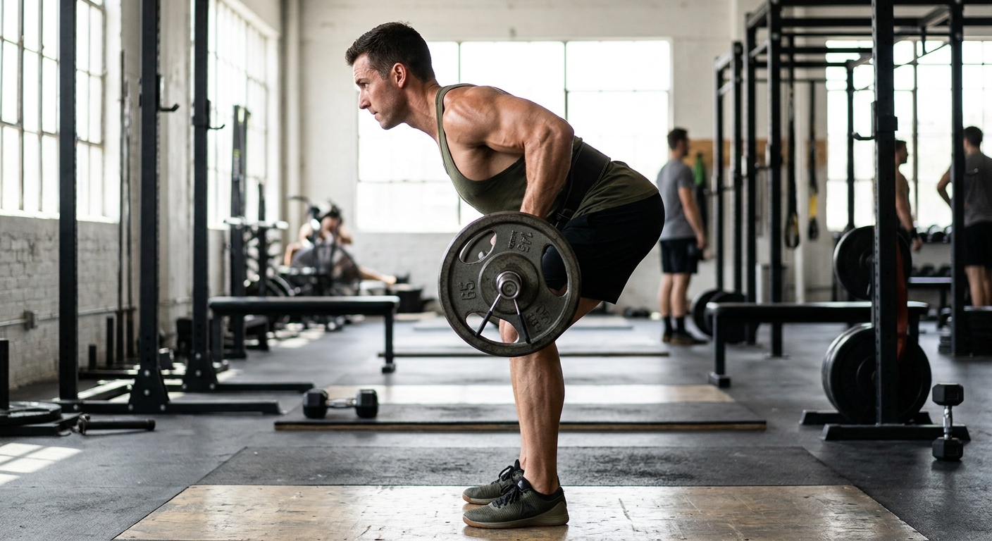 Sporter voert een barbell bent over row uit met correcte lichaamshouding in een trainingsomgeving.