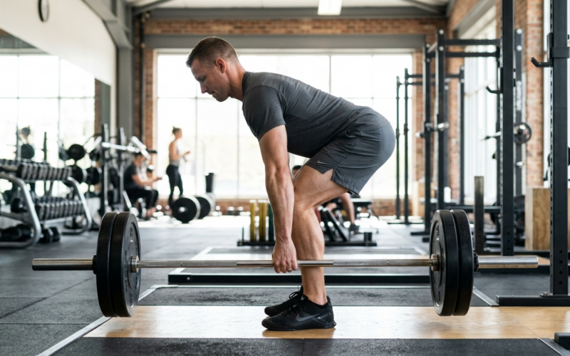 Persoon voert deadlift uit met correcte houding: rechte rug, barbell bij de grond, gespannen kern.