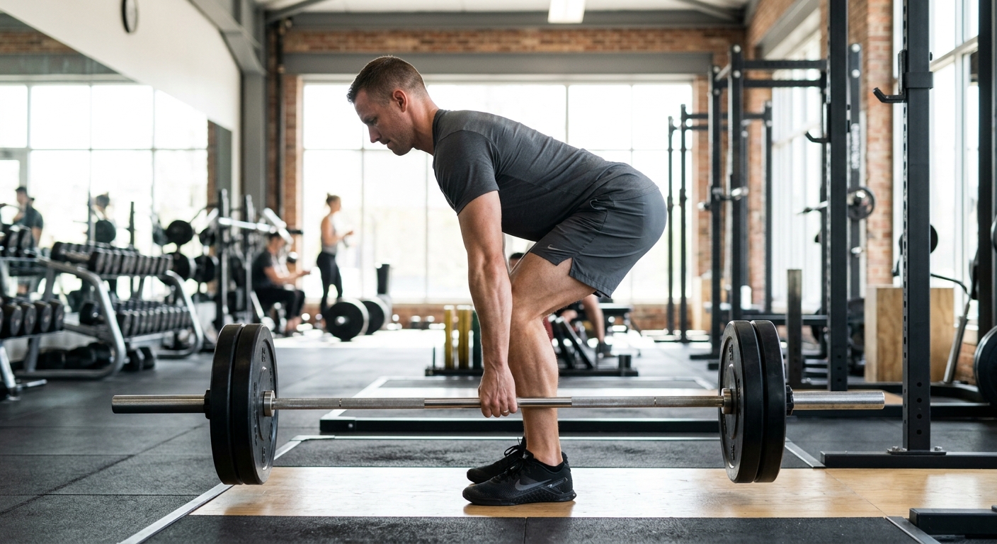 Persoon voert deadlift uit met correcte houding: rechte rug, barbell bij de grond, gespannen kern.