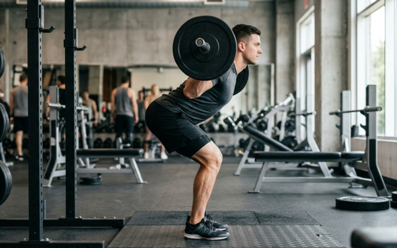 Man voert good morning oefening uit met barbell, zijwaarts gefotografeerd in sportomgeving met natuurlijk licht.