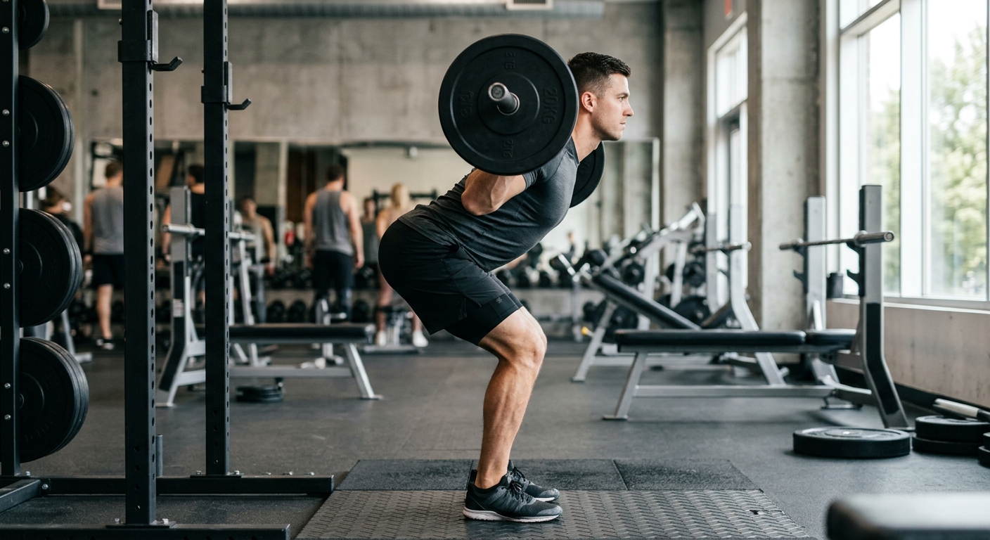 Man voert good morning oefening uit met barbell, zijwaarts gefotografeerd in sportomgeving met natuurlijk licht.