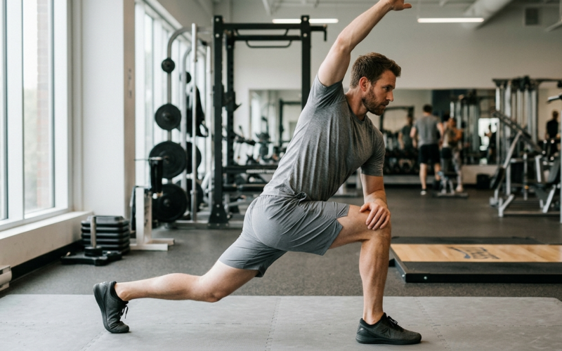 Persoon voert mobiliteitsoefening uit in fitnessstudio, met nadruk op gewrichtsmobiliteit voor krachttraining.
