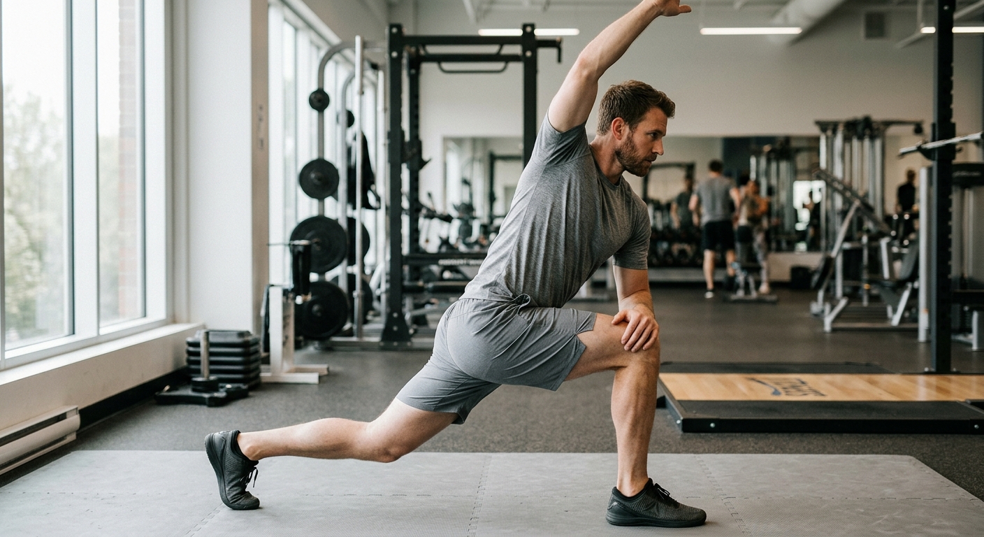 Persoon voert mobiliteitsoefening uit in fitnessstudio, met nadruk op gewrichtsmobiliteit voor krachttraining.