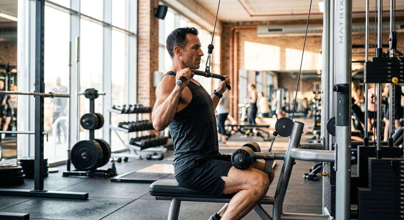 Man voert lat pulldown uit in sportschool met gecontroleerde trekkende beweging van boven naar beneden.