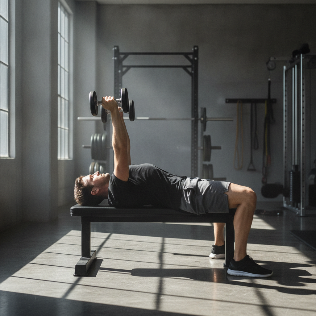 Persoon ligt op een bankje en houdt een dumbbell met licht gebogen armen boven de borst, klaar voor de pullover.