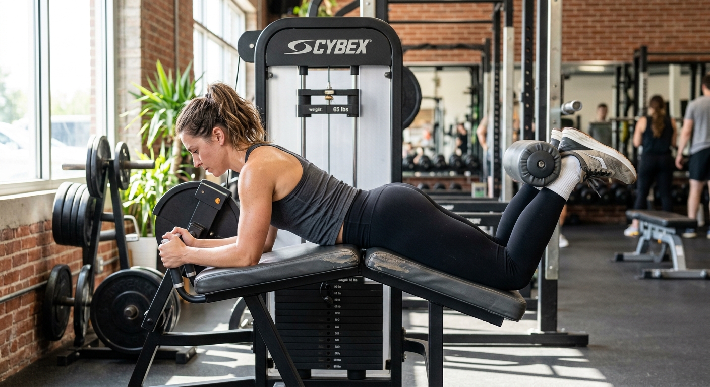 Persoon voert leg curl uit op fitnessmachine met gecontroleerde beweging van de benen naar de billen.