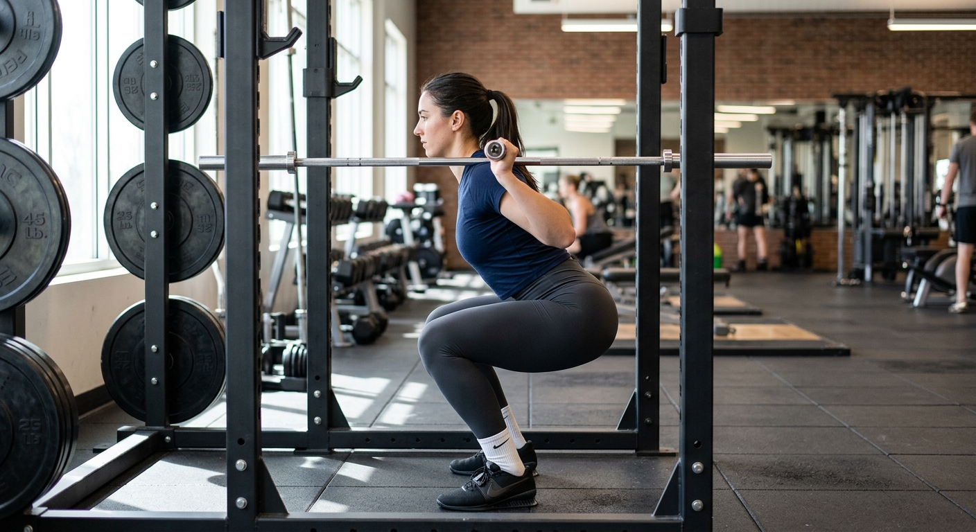 Een persoon voert een barbell back squat uit in een squat rack, gezien van opzij, met correcte houding en uitlijning van knie