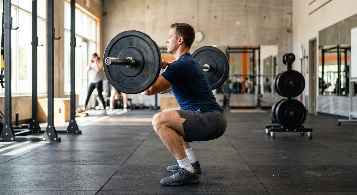 Lifter in onderste positie van front squat met barbell op schouders, rechte rug en stabiele houding.
