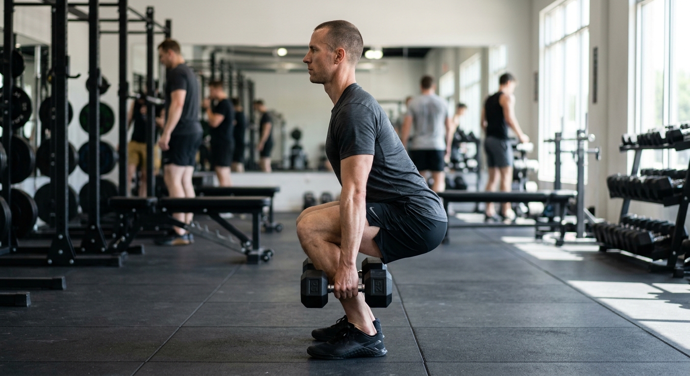 Een persoon voert een dumbbell squat uit met rechte rug, knieën in lijn met voeten en horizontale bovenbenen terwijl dumbbell
