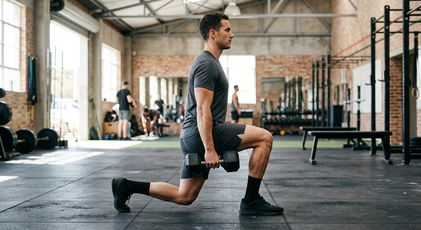 Man voert een dumbbell lunge uit in sportschool met gebogen voorknie en achterste been omlaag, dumbbells in handen.