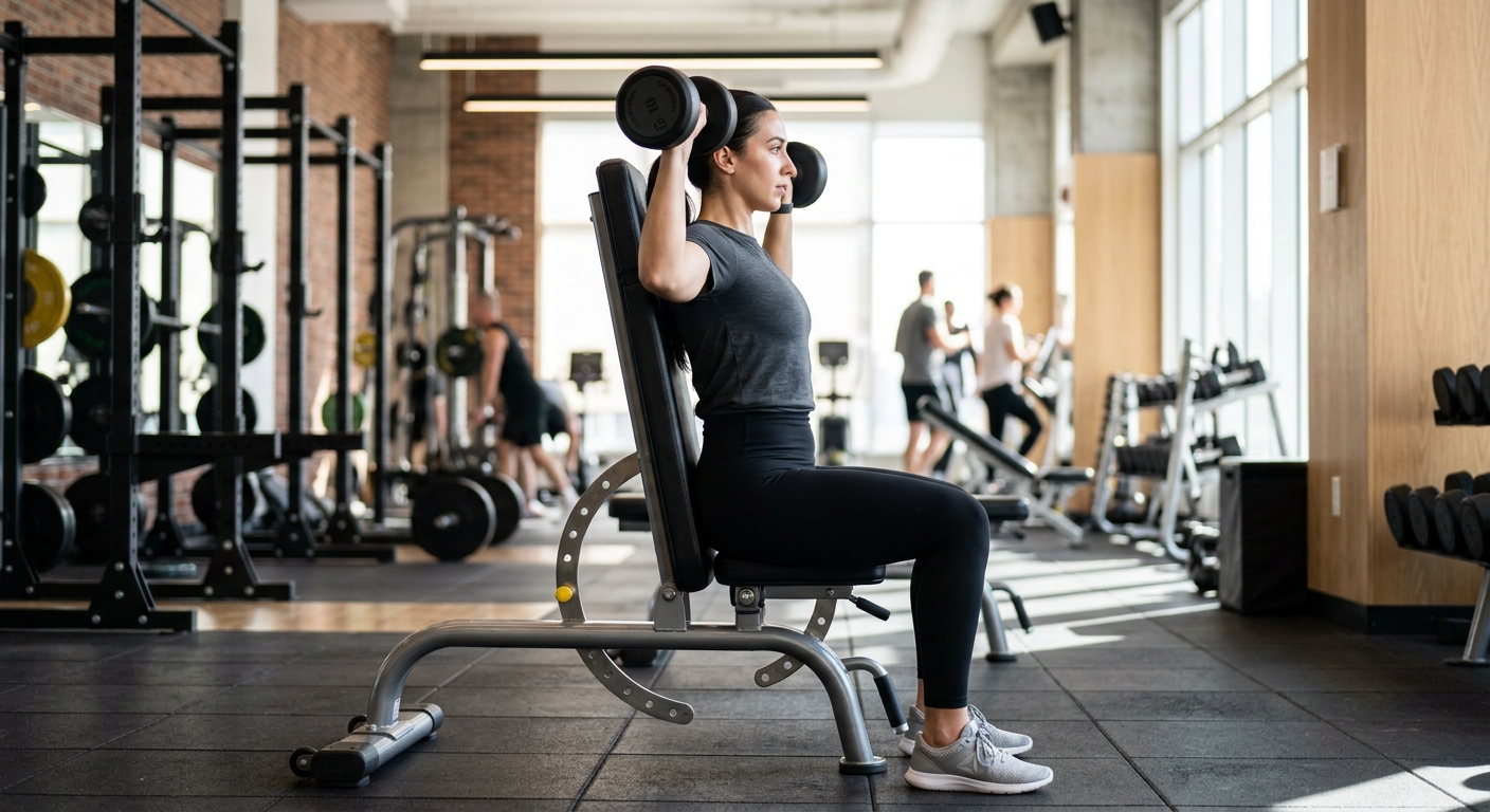 Een persoon voert zittend schouderpersen uit met dumbbells op een bankje met rugsteun in een sportschool.