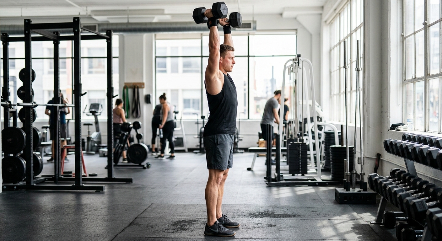 Man voert staande schouderpers uit met dumbbells, armen gestrekt boven het hoofd, neutrale lichaamshouding in sporthal.