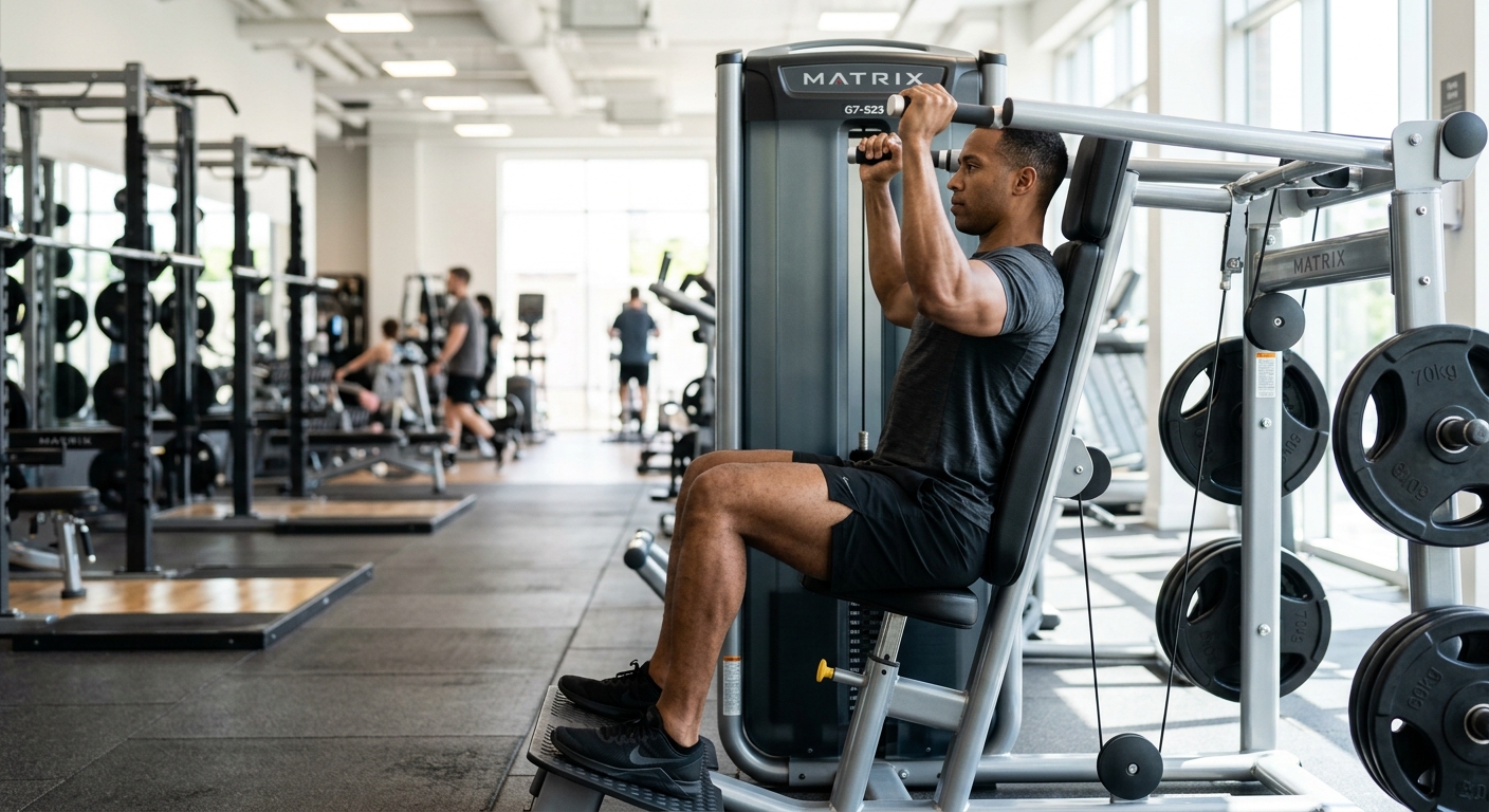 Persoon op een shoulder press machine in de sportschool, zittend met rug tegen de leuning en handen op de handvatten.