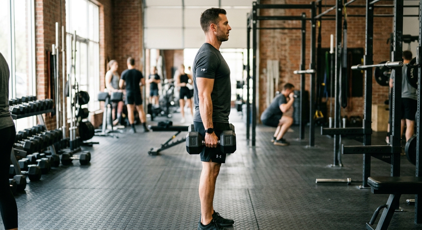 Man staat rechtop met dumbbells langs het lichaam, armen gestrekt, schouders ontspannen in startpositie voor dumbbell shrugs.