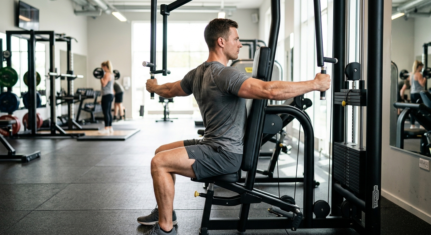 Een persoon traint op een rear delt machine met gecontroleerde bewegingen naar achteren om de achterschouders en rug te verst