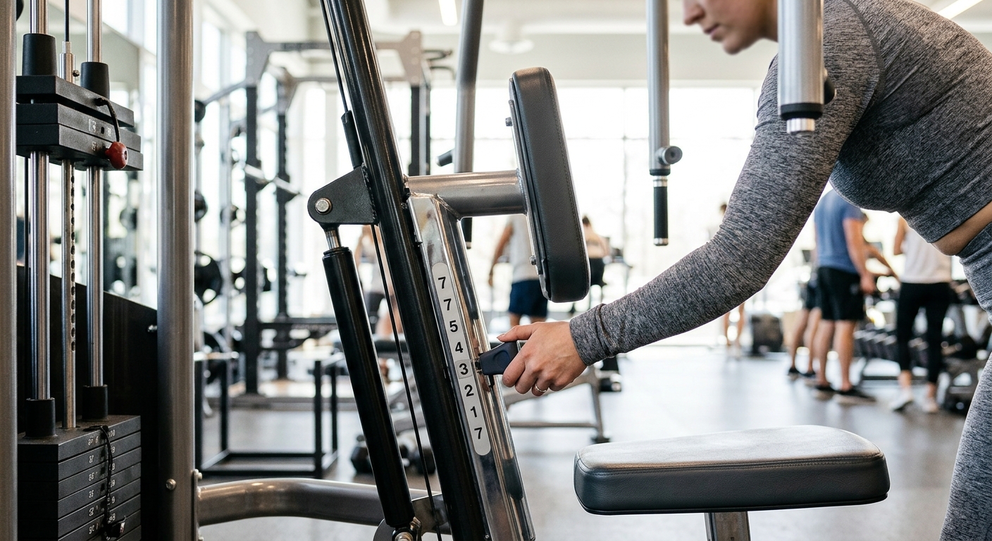 Hand stelt de hoogte van een schoudermachine in voor het trainen van de achterdeltoids.