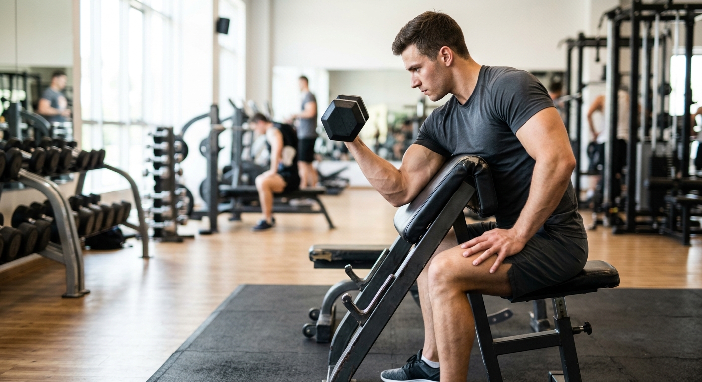 Persoon voert preacher curl uit op een preacher bench met dumbbell in een sportschool met natuurlijk licht.