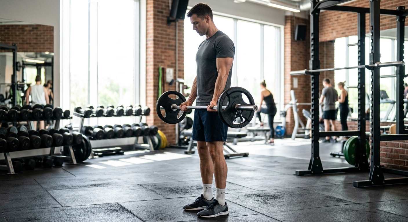 Man voert reverse curl uit met barbell in sportschool, overhandse greep, ellebogen tegen het lichaam.