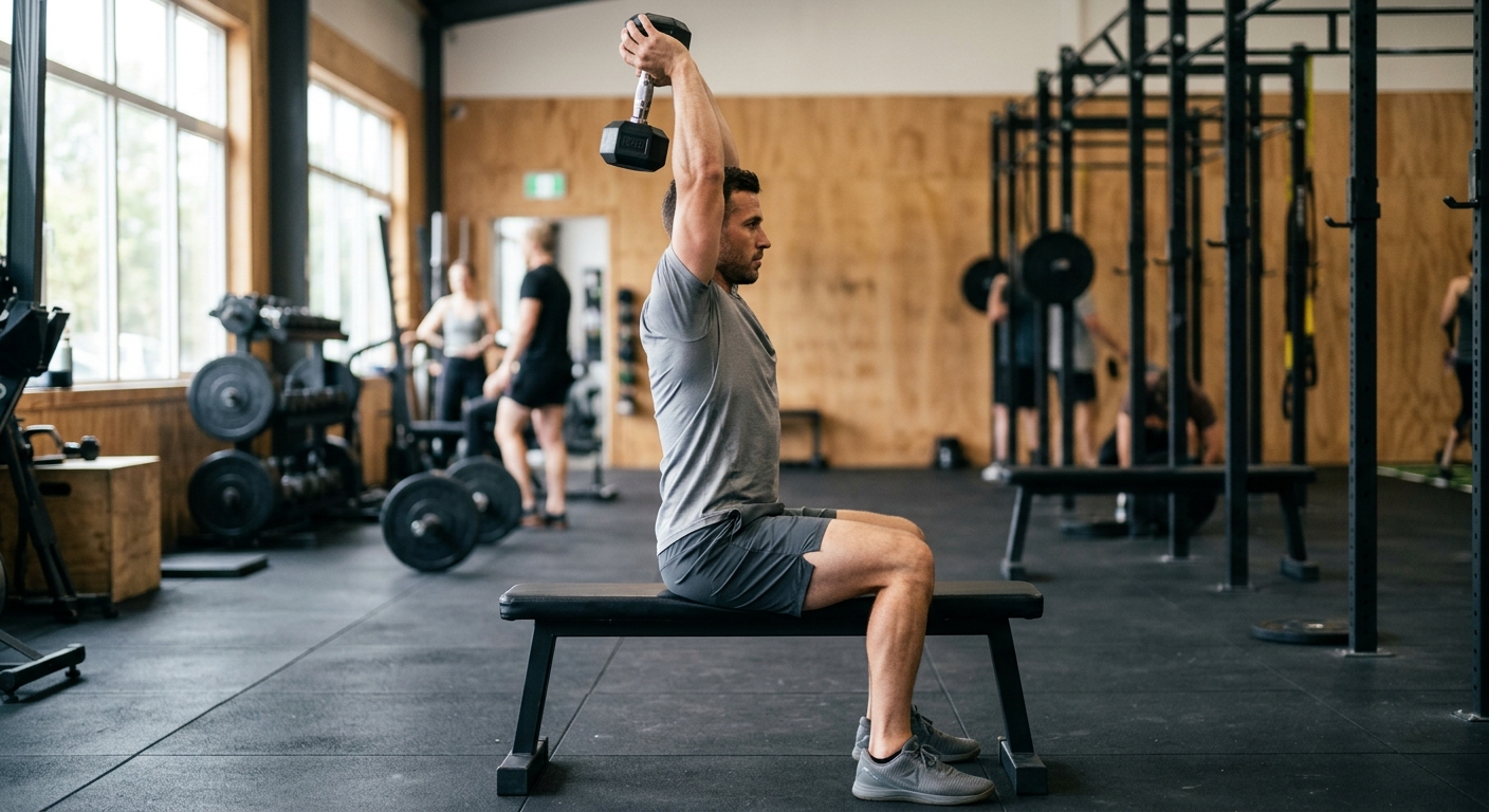 Persoon zit op bankje in sportschool en houdt een dumbbell met beide handen boven het hoofd, armen bijna gestrekt voor tricep
