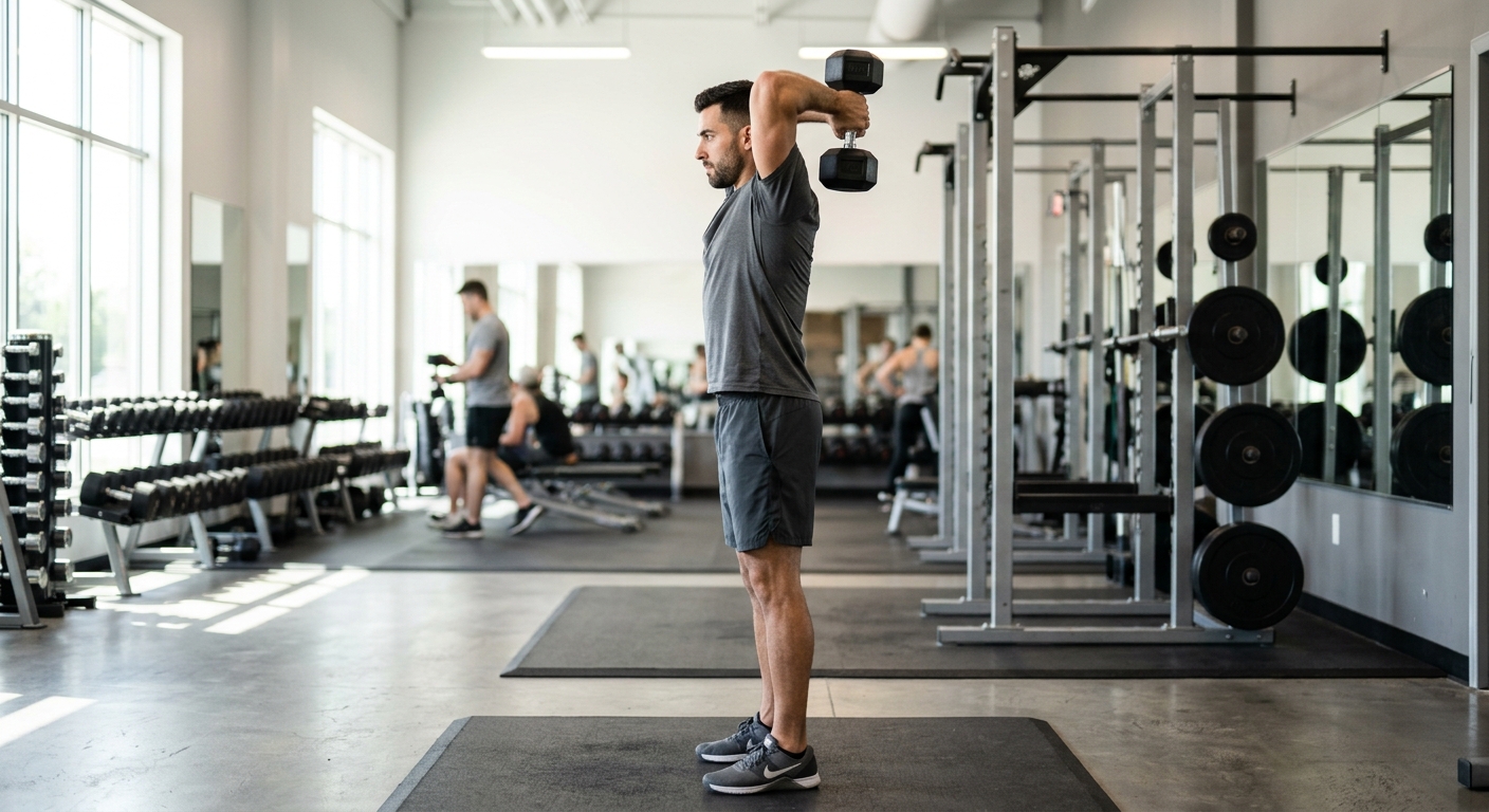 Sporter staat met dumbbell boven het hoofd, voeten op heupbreedte, ellebogen dicht bij het lichaam tijdens tricep extension o