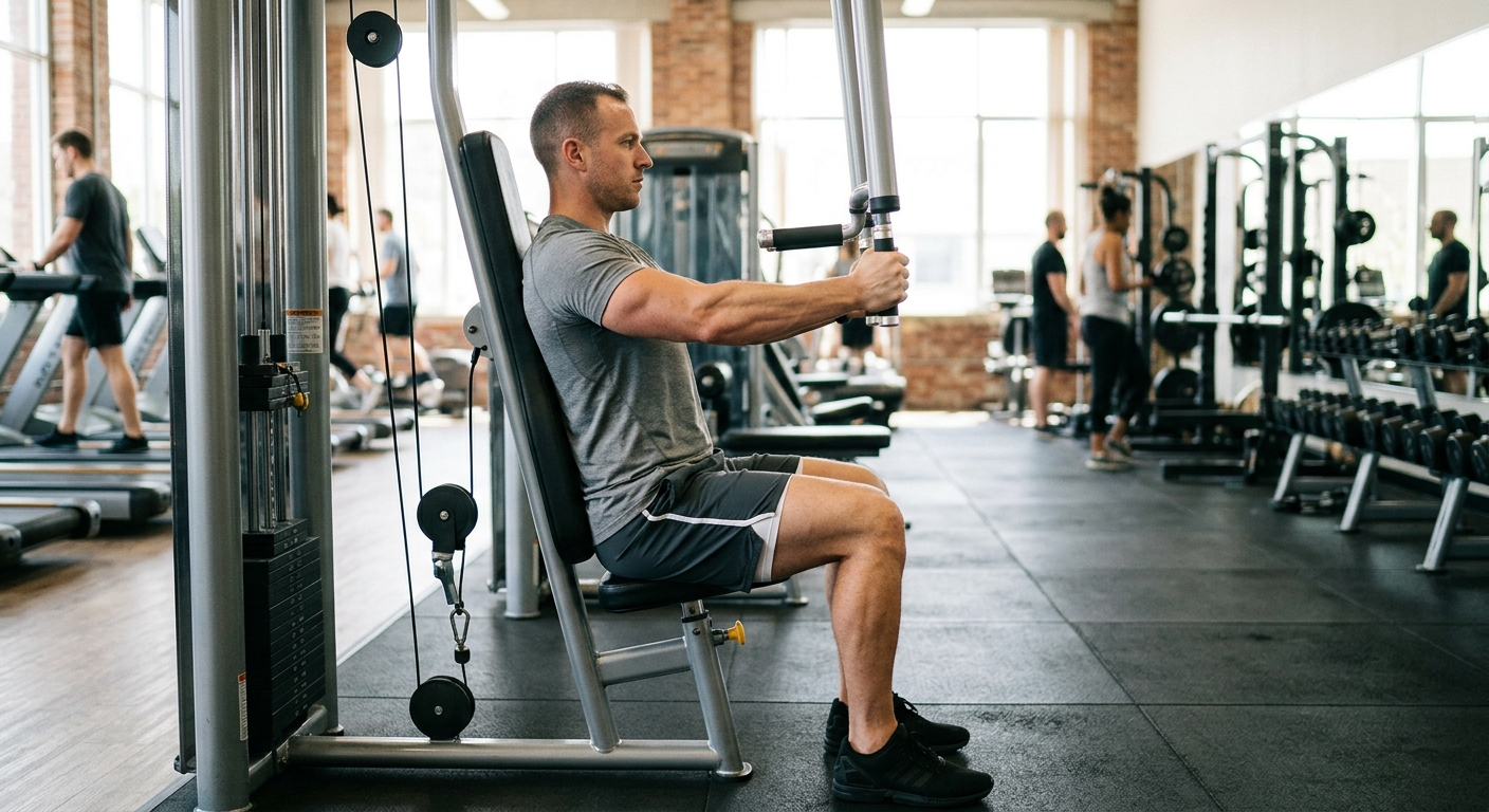 Persoon in sportschool voert chest press uit op trainingsmachine met handen ter hoogte van de borst.