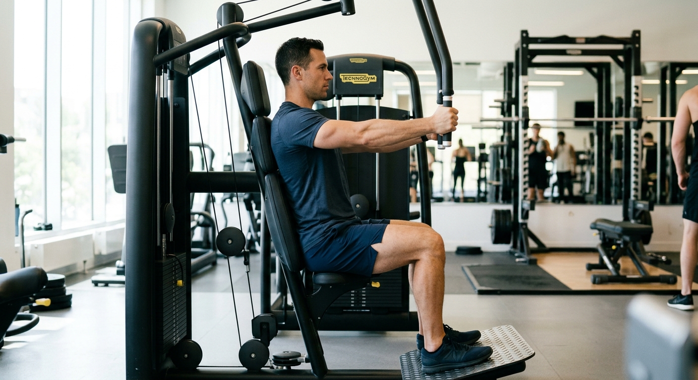Persoon voert chest press uit op machine met armen naar voren, zichtbare ellebooghoek, gecontroleerde beweging in sportomgevi