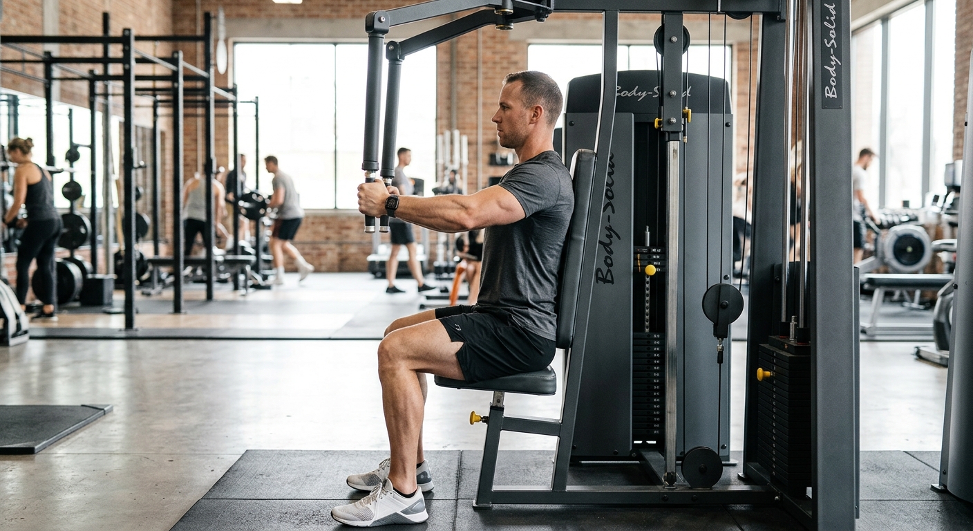 Persoon op pec deck machine in sportschool, armen uitgestrekt met licht gebogen ellebogen, borstspieren in training.