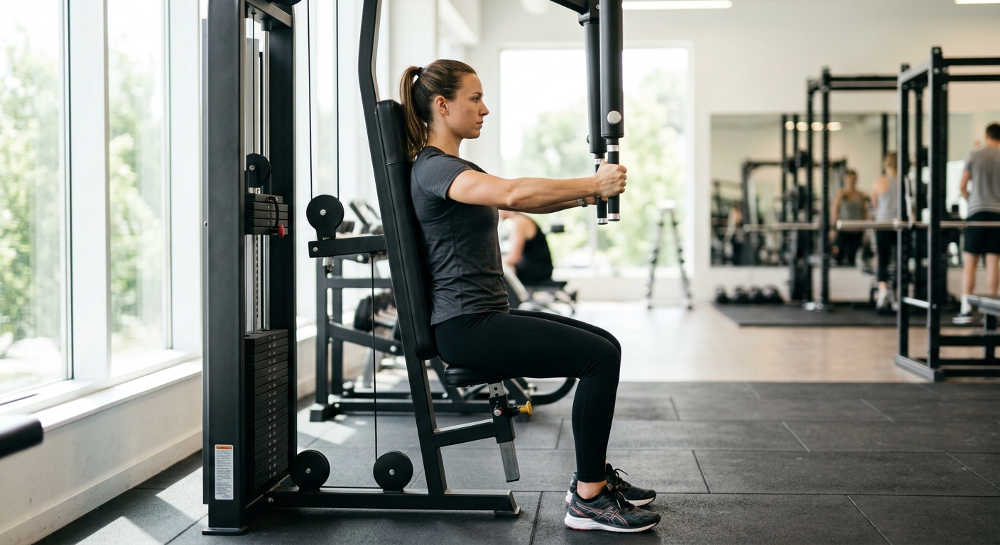 Persoon aan de pec deck machine met rechte rug en licht gebogen ellebogen, concentratie op gecontroleerde borstspierentrainin