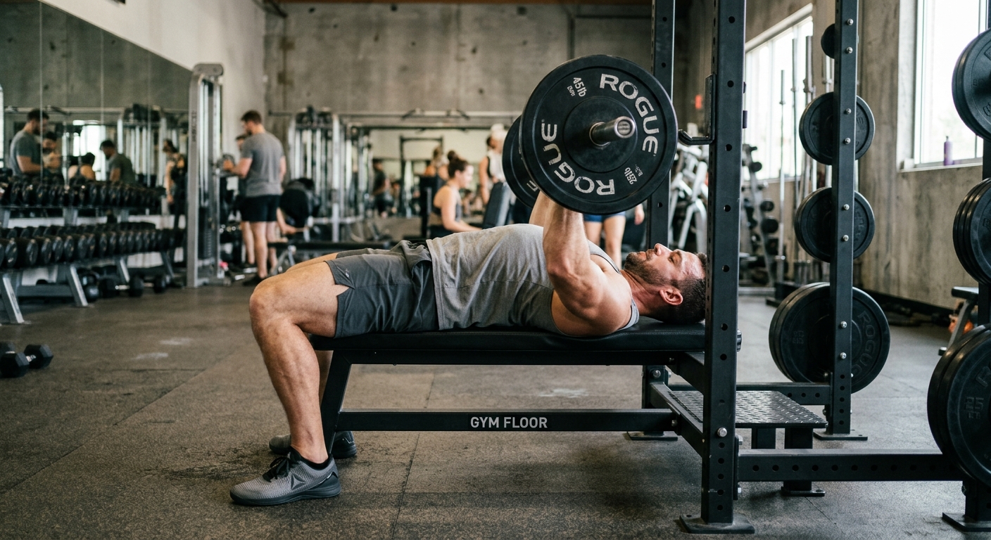 Sporter voert bankdruk uit op vlakke bank met barbell, voeten stevig op grond, correcte trainingtechniek.