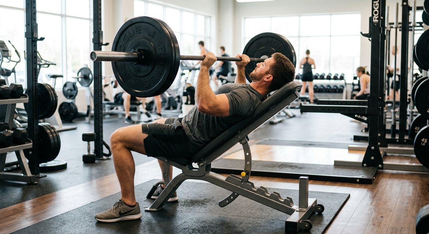Man voert incline bench press uit op schuine bank met barbell in sporthal met natuurlijk licht.