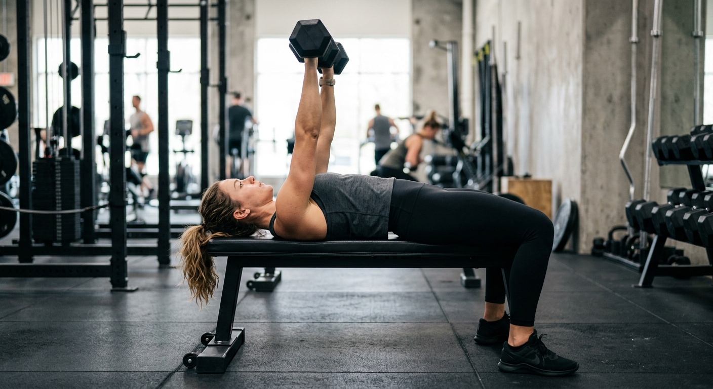 Persoon op vlakke bank met dumbbells in gestrekte armen boven de borst, voeten op de grond, schouderbladen tegen de bank.