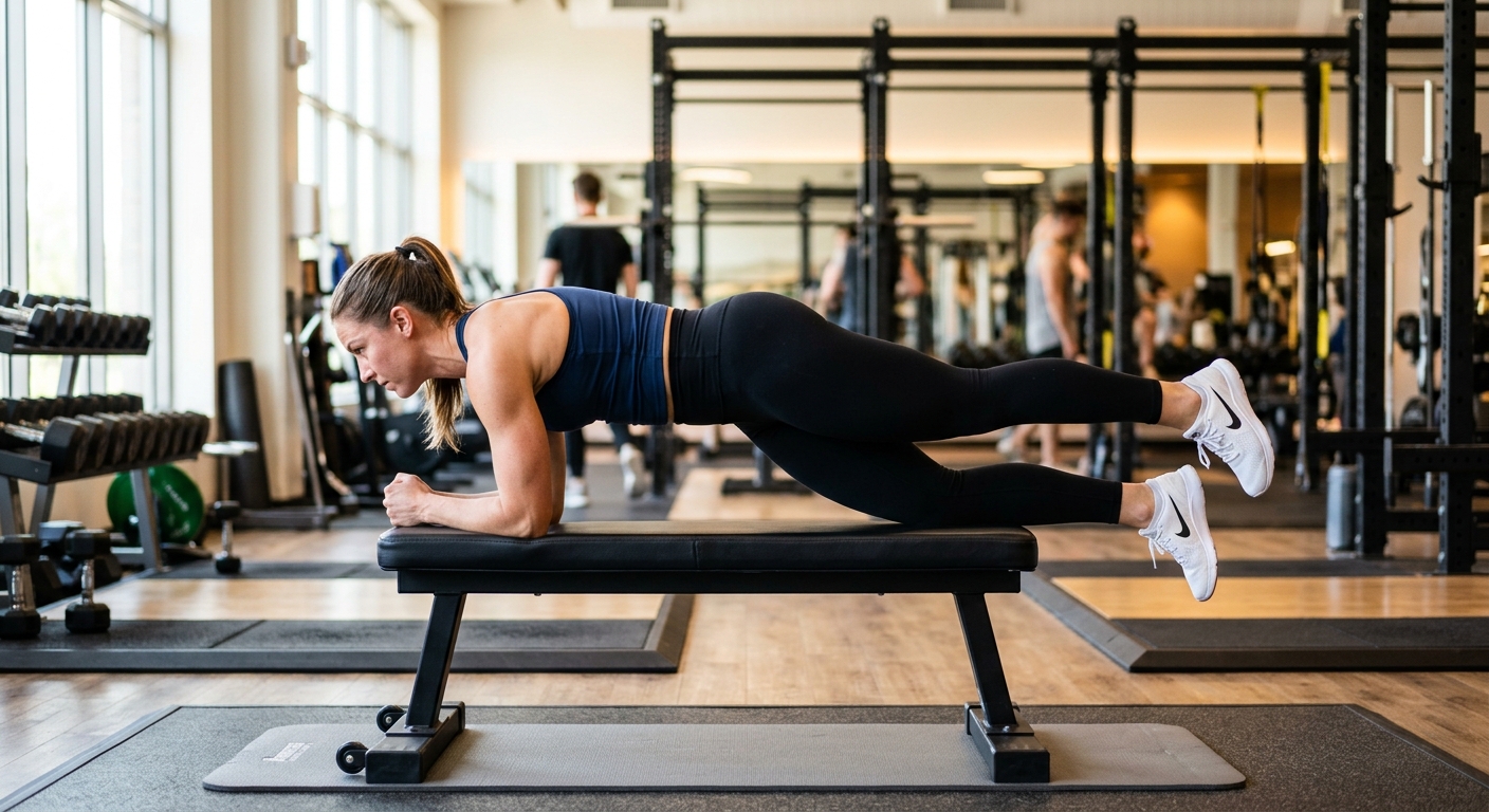 Atleet voert de Copenhagen plank uit op een fitnessbank, liggend op zijkant met gestrekt onderlichaam.
