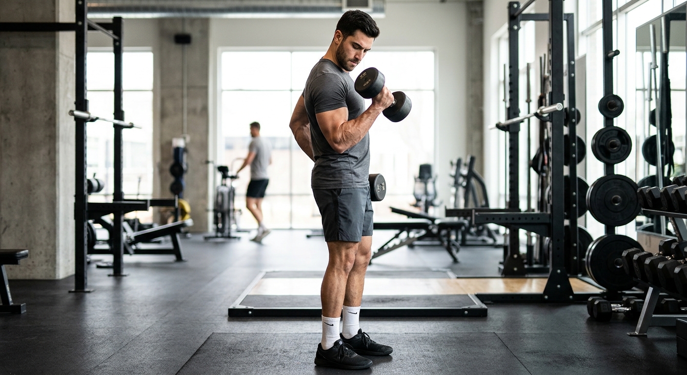 Een persoon voert een cross-body hammer curl uit met één dumbbell in sportkleding in een helder fitnessinterieur.