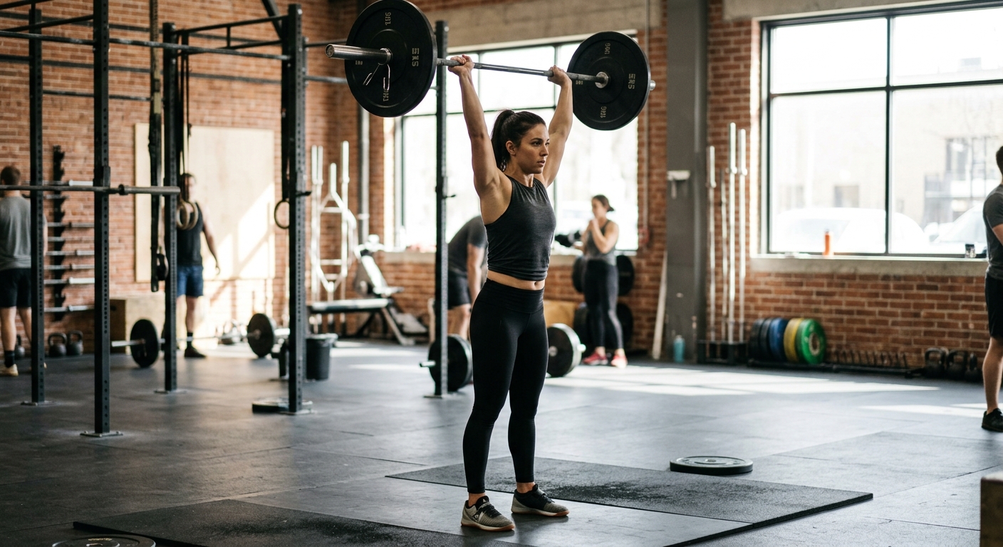 Persoon voert staande shoulder press uit met barbell in sportschool, armen omhoog gestrekt, core gespannen.