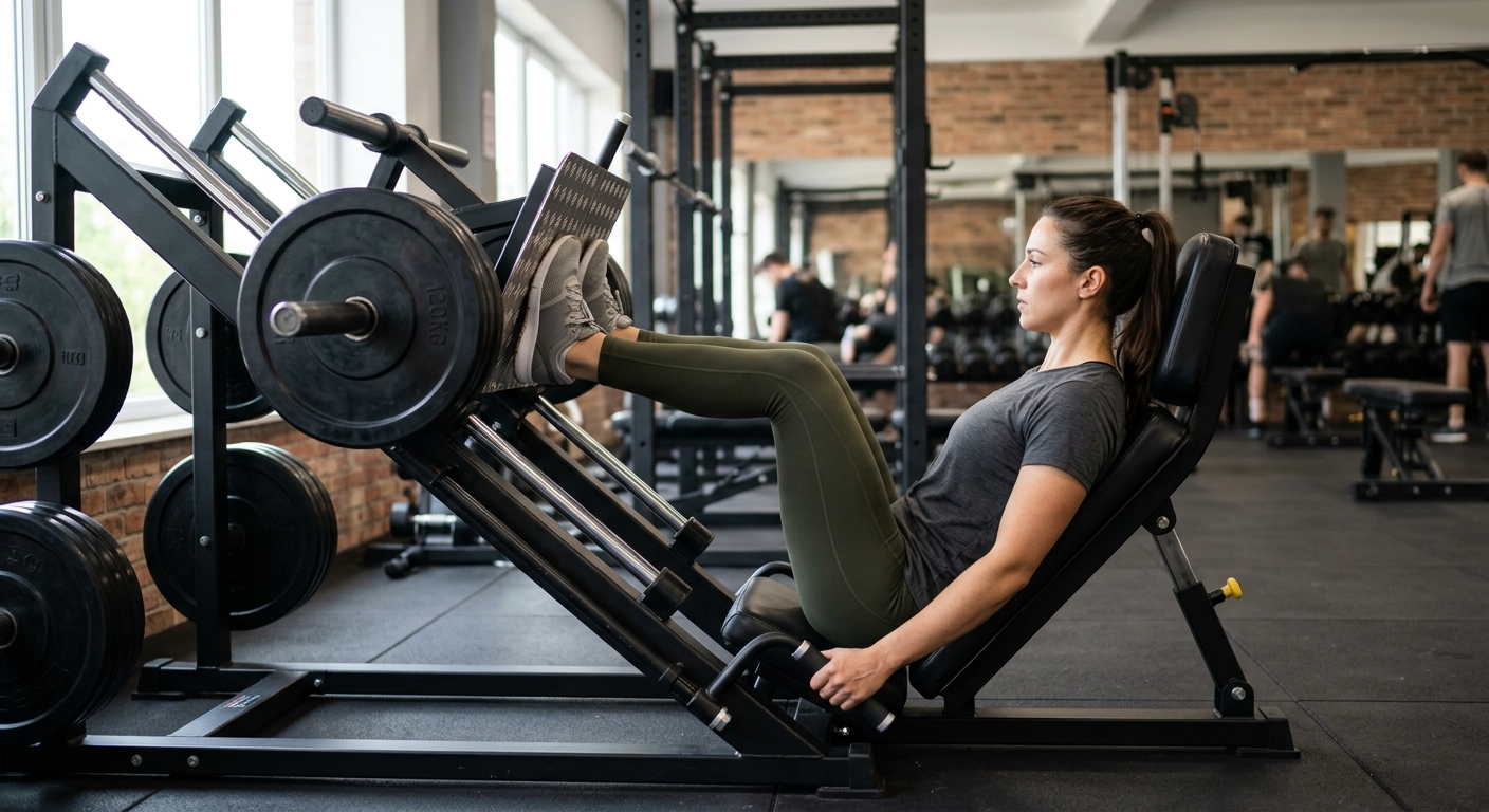 Persoon op leg press machine in de sportschool, voeten op schouderbreedte, rug tegen rugleuning, benen gestrekt.