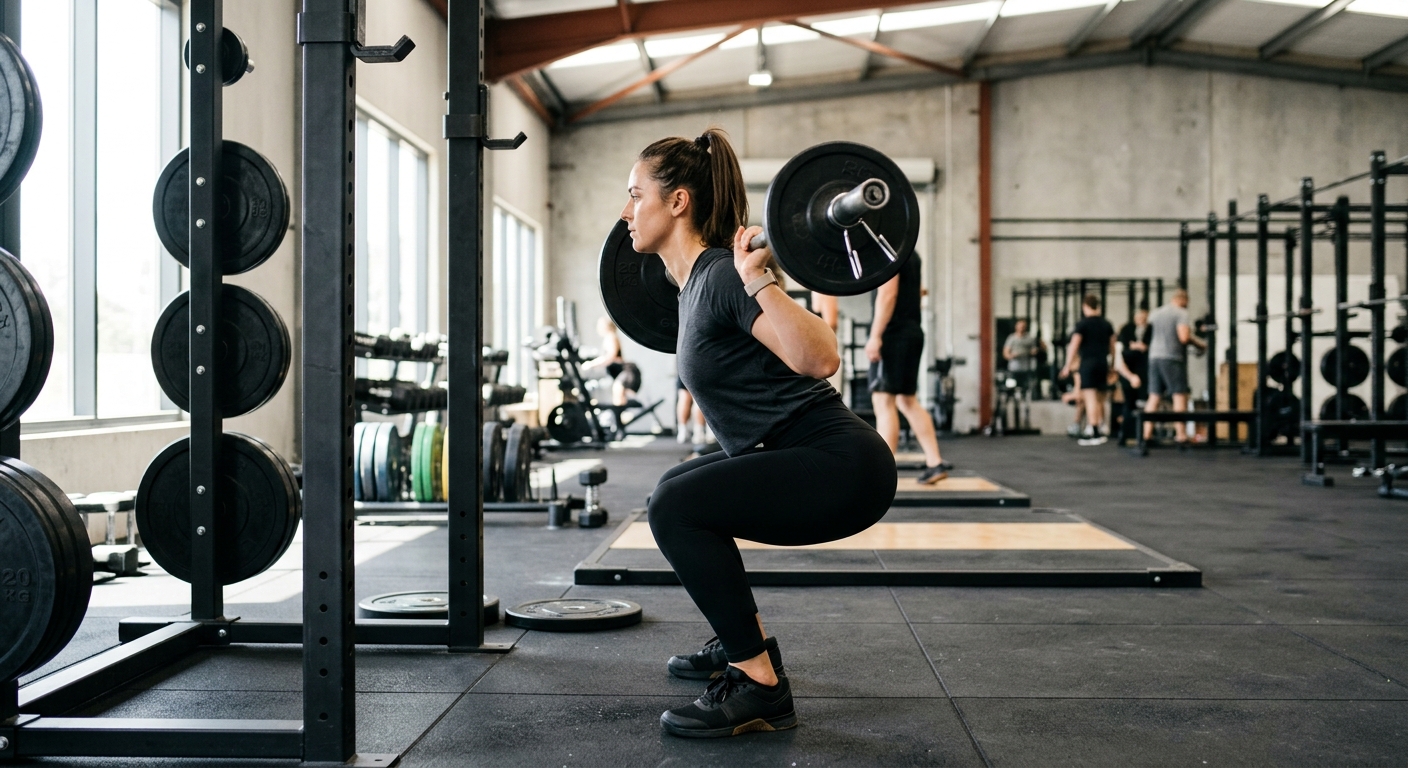 Een persoon voert een barbell squat uit met rechtopgehouden rug en knieën in lijn met de tenen in een sportschool.