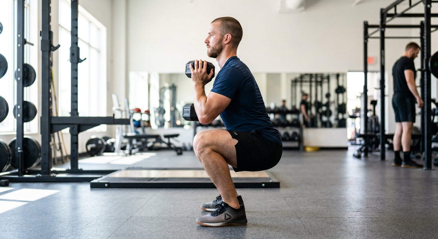 Man voert goblet squat uit in sportschool met halter voor borst, benen parallel, rug recht en schouders ontspannen.