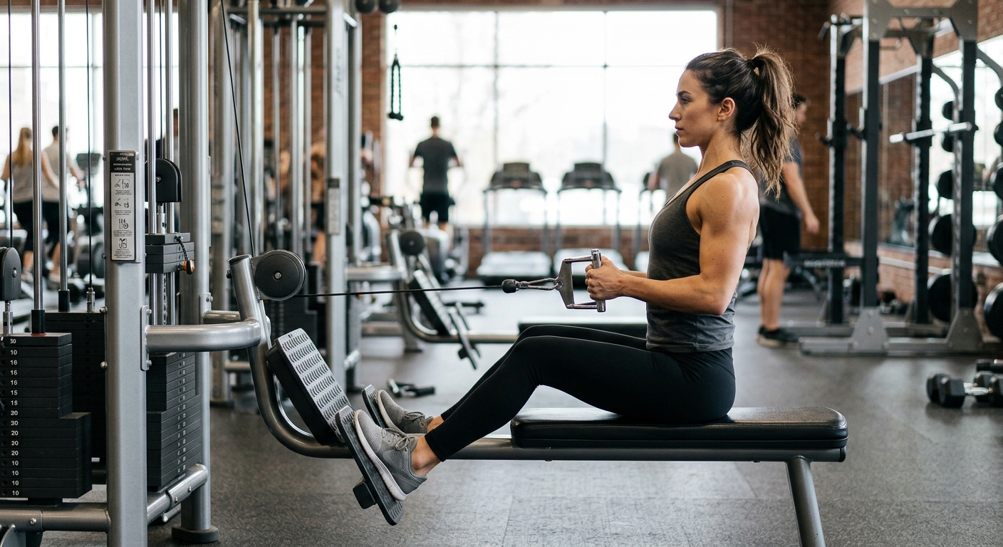 Persoon voert seated cable row uit in de sportschool, gezien van opzij. De rug is recht, schouderbladen ingetrokken, handen o