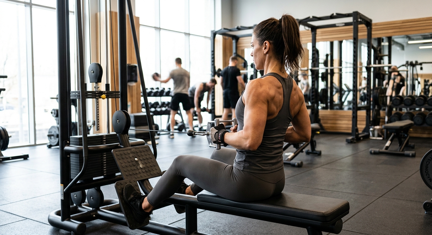 Persoon voert seated row uit aan kabelapparaat in sportschool, grijpt handgreep vast en trekt richting lichaam.