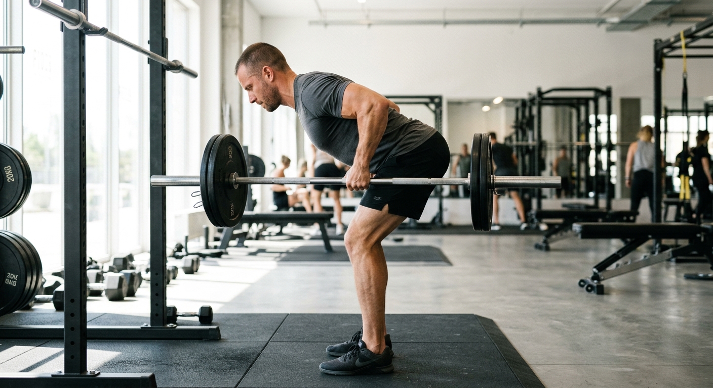 Persoon voert een barbell row uit in de sportschool, voorovergebogen met handen op de stang en schouders naar achteren.
