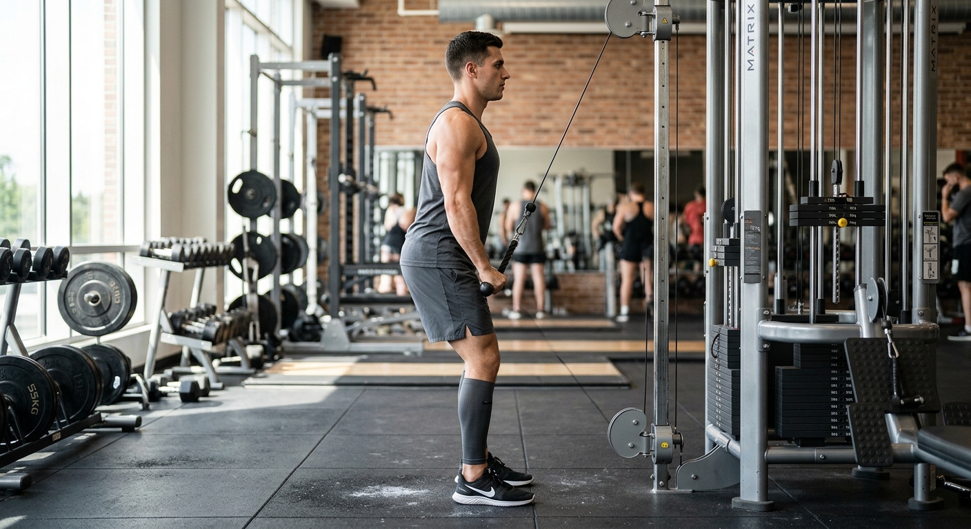 Persoon voert straight arm pulldown uit aan kabelstation met gestrekte armen en lichte rompbuiging in sportschoolomgeving.