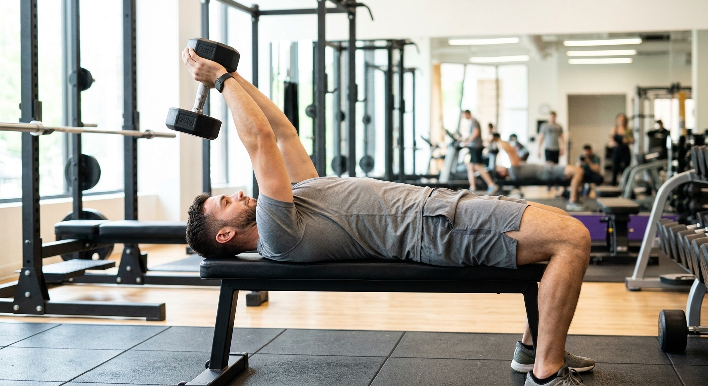 Man voert dumbbell pullover uit op een trainingsbank met gestrekte armen en aangespannen buikspieren.