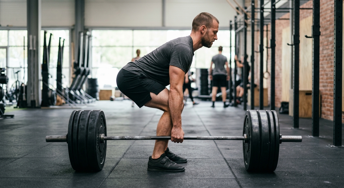 Persoon voert een deadlift uit in zijaanzicht met rechte rug en gestrekte armen, de barbell wordt gecontroleerd omlaag gezakt