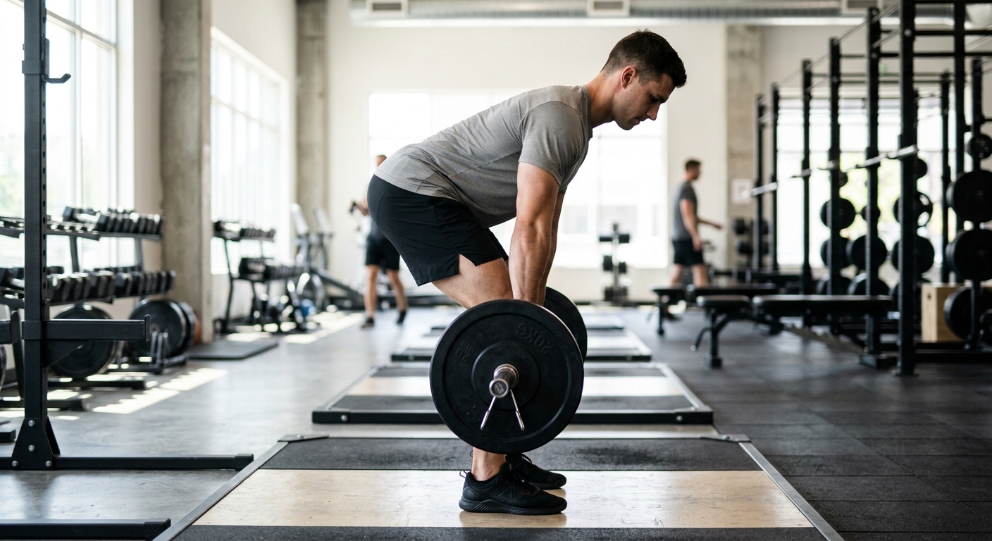 Man voert Romanian deadlift uit met barbell, gezien van opzij, met rechte rug en gestrekte benen in de sportschool.
